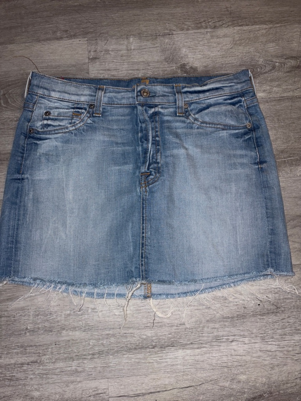 7 For All Mankind Light Blue Denim Mini Skirt with Frayed Hem